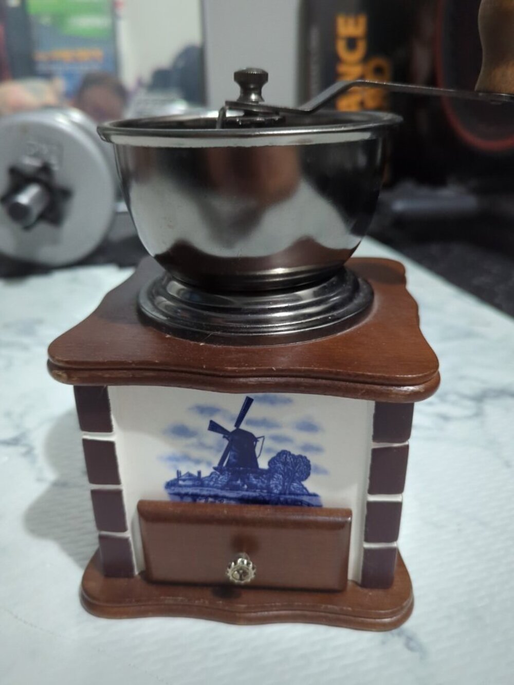 Vintage Coffee Grinder Ceramic and Wood Dutch Windmill Design Blue/White Tiles